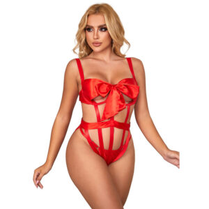 Body sexy rouge avec nœud satiné porté de face – lingerie Subblime
